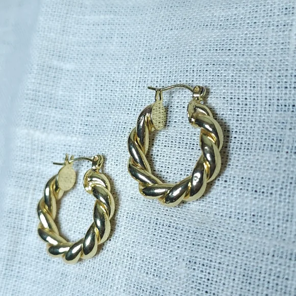 Vintage Gold Twist Twisted Hoop Earrings Modernist Wavy Chunky - Picture 4 of 7